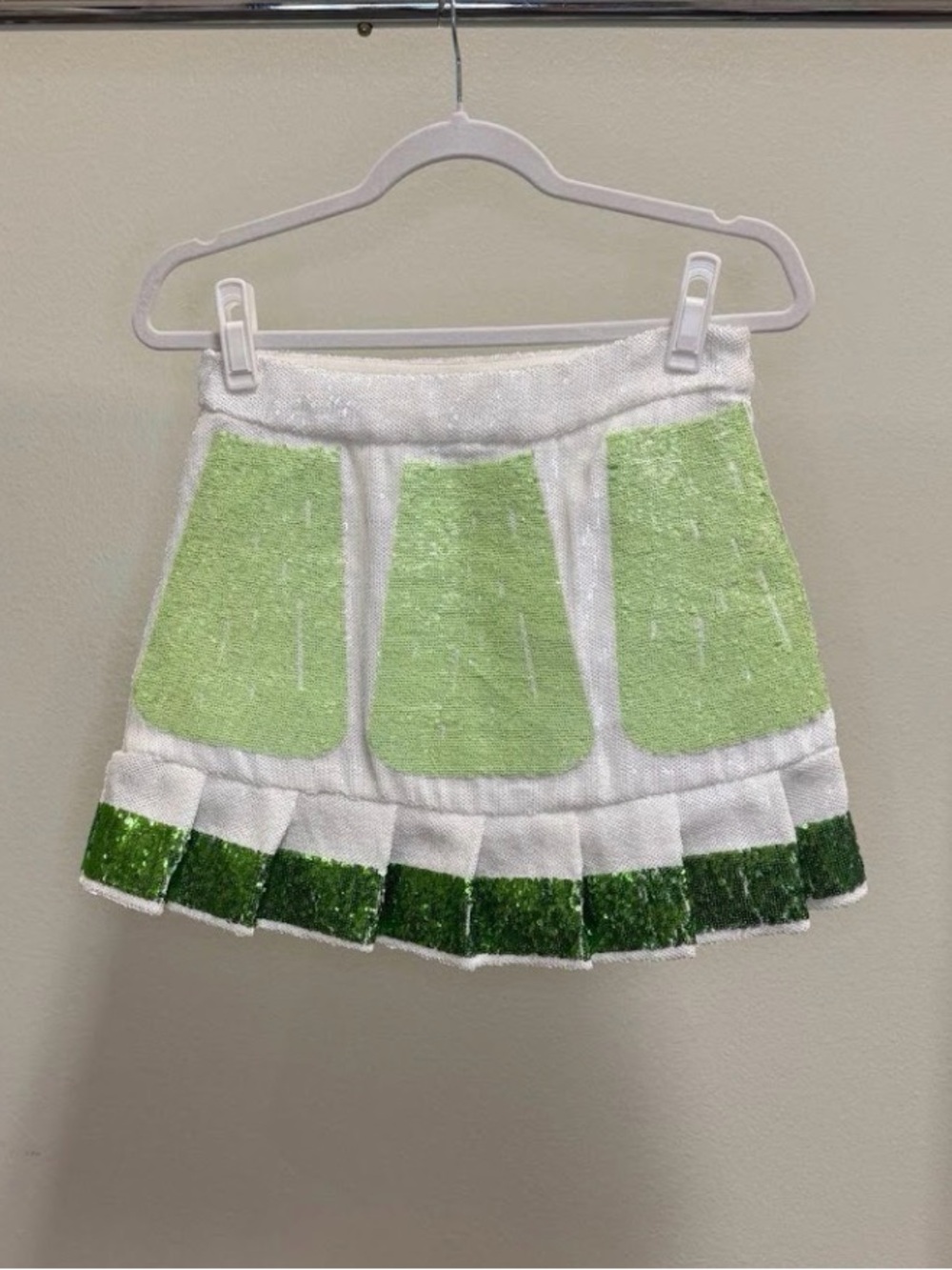QUEEN OF SPARKLES White Mini Skirt with Light and Dark Green Lime Panels